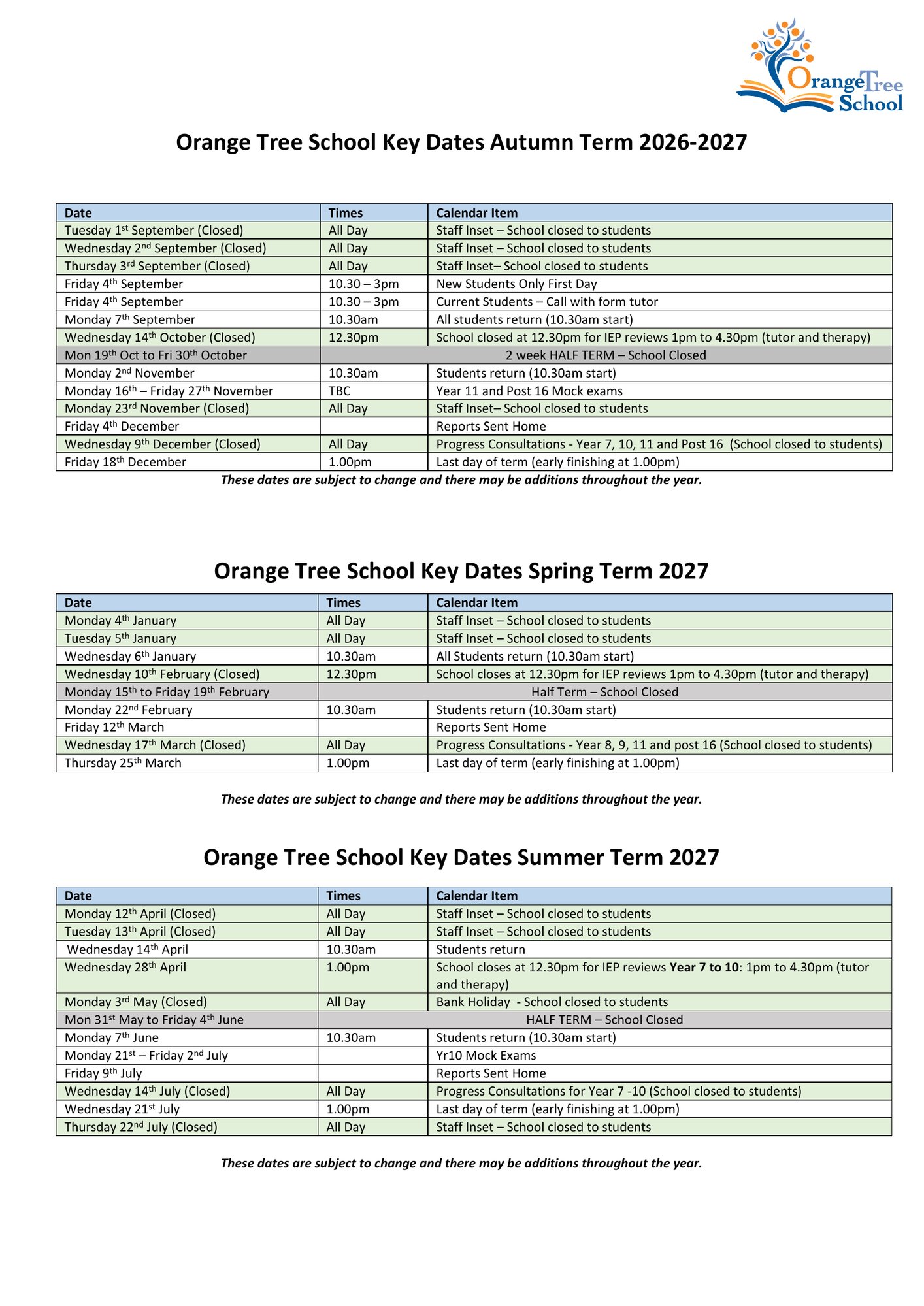 Orange Tree School Key Dates 2026-2027