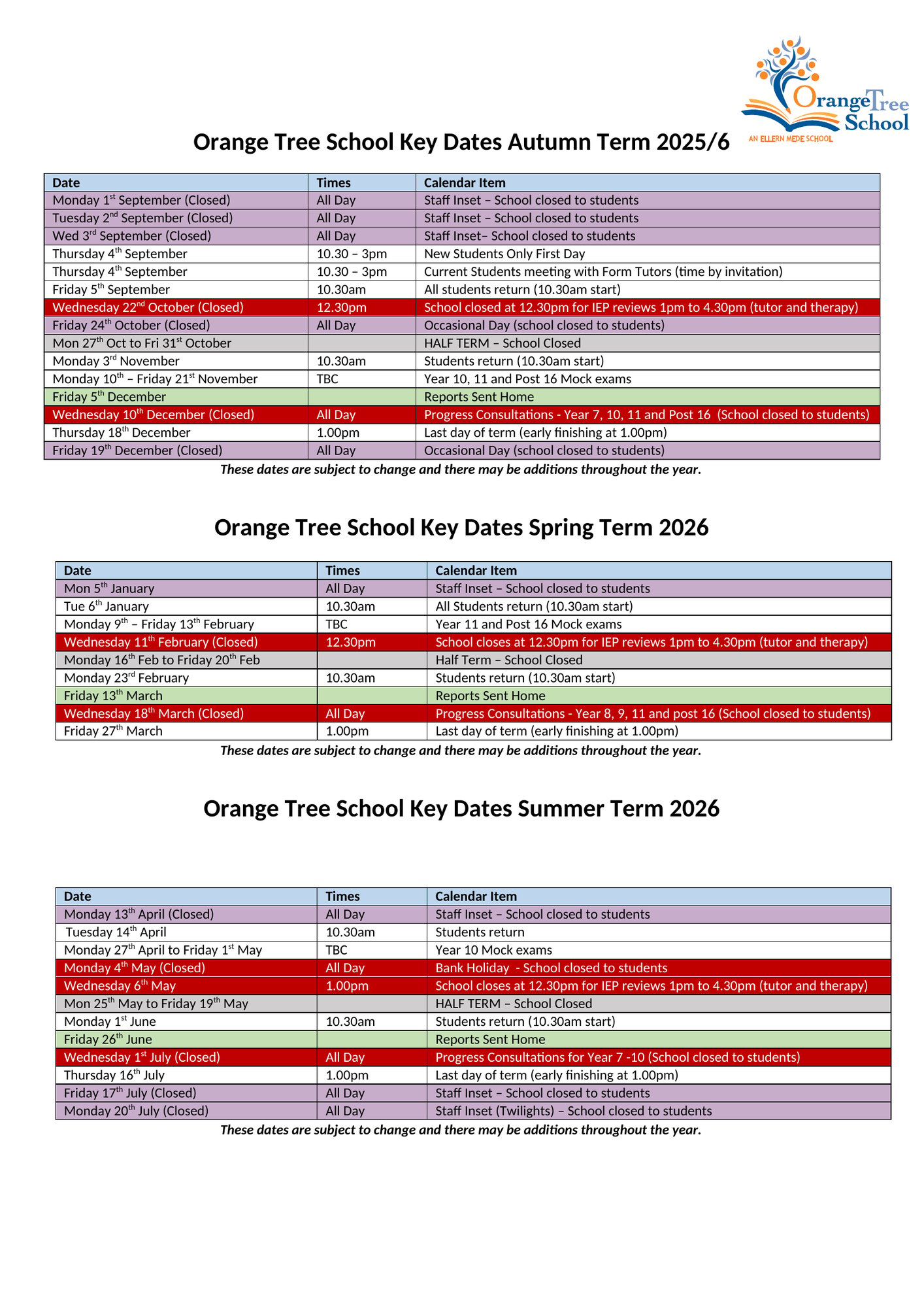 Orange Tree School Key Dates Parents