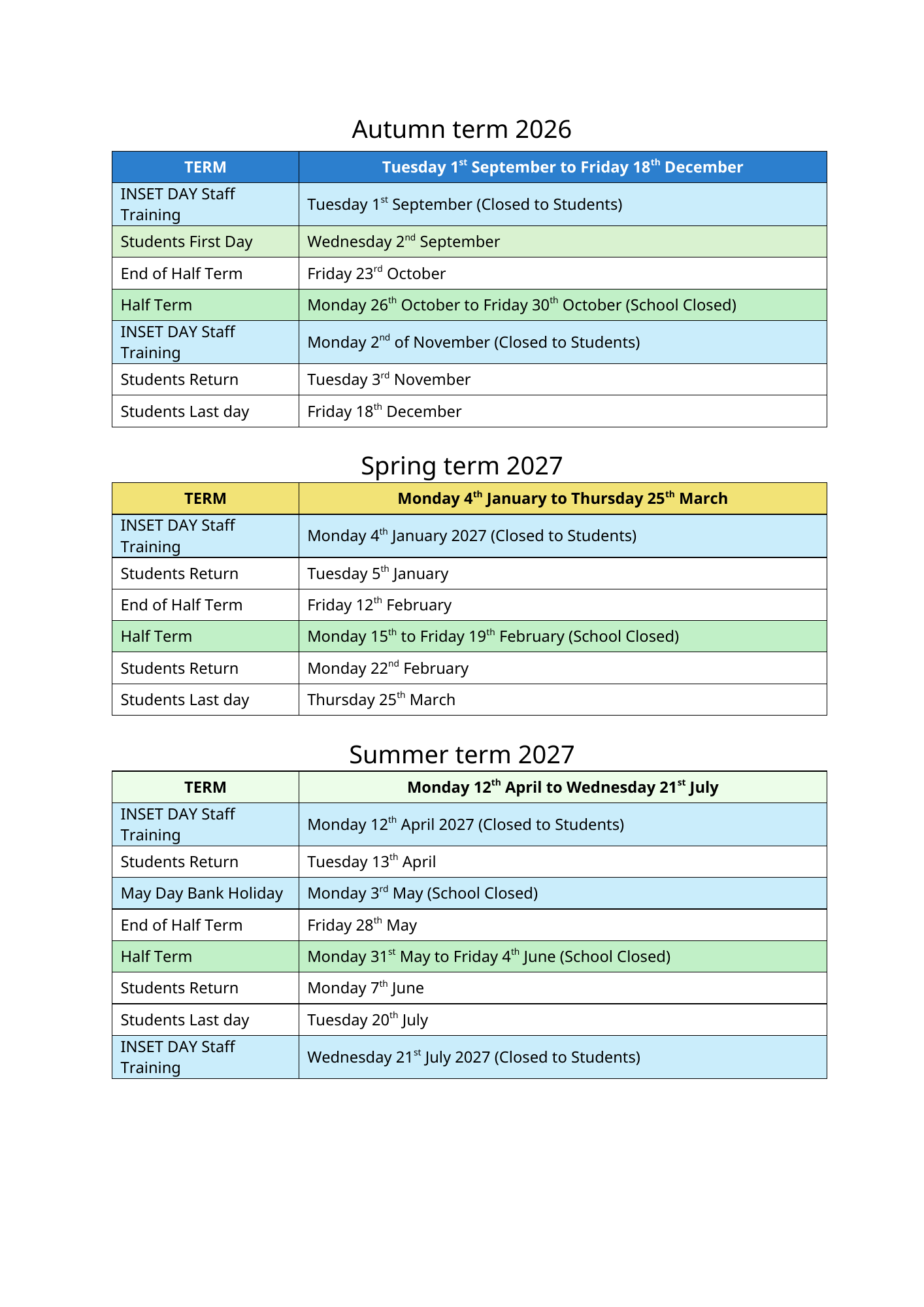 Term dates Ridgeway 26-27 EMR